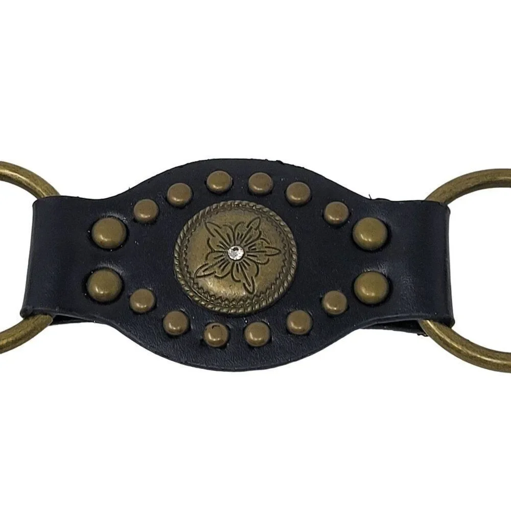 Unisex Vintage-Inspired Black Vegan Leather Belt Brass Concho Studs Chain Hip XL